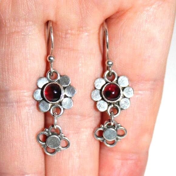 Sterling Silver Garnet Daisy Earrings - Picture 5 of 5